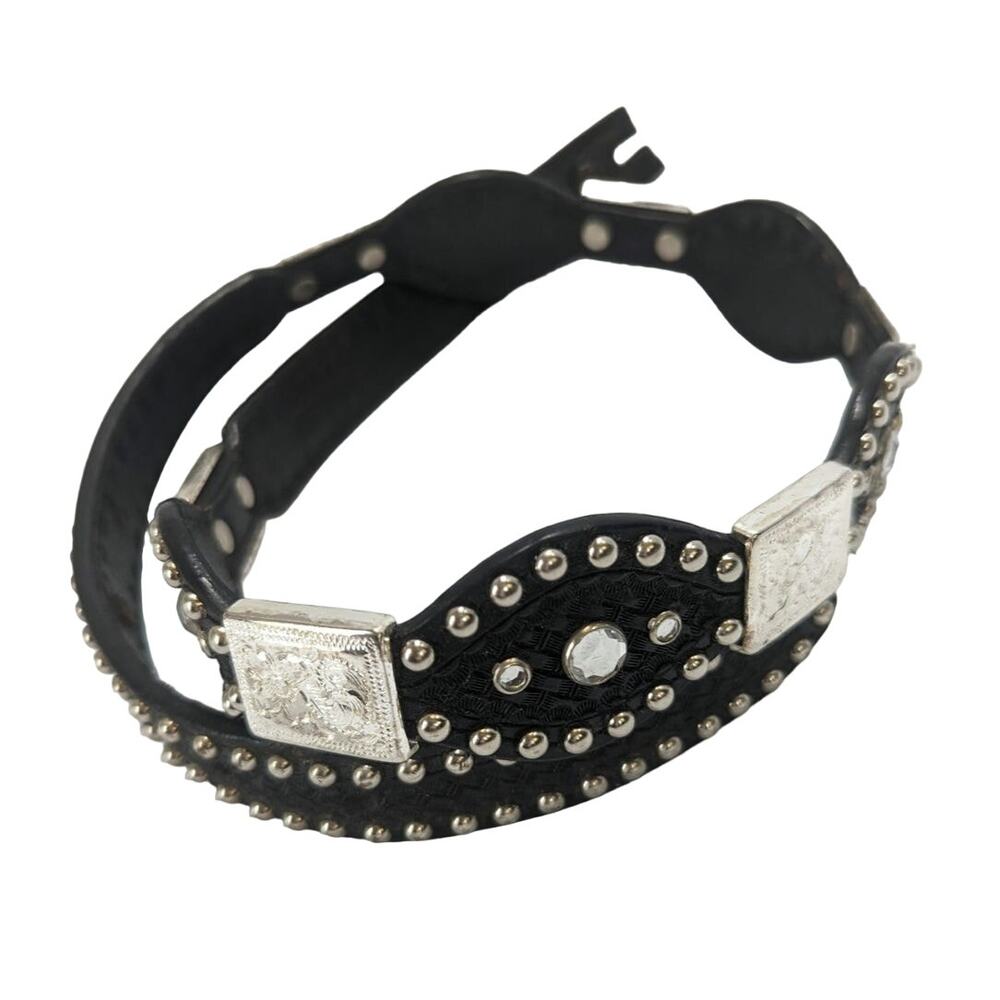 Leather Belt Western Studded Rhinestones Silvertone Black No Buckle 28 In Rodeo